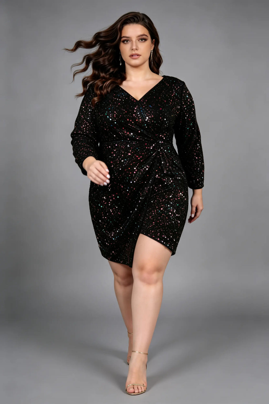 Rainbow Sequin Wrap-Front Cocktail Dress - Plus Size Long Sleeve Party Dress