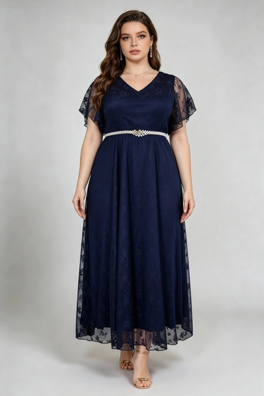 Navy Blue Lace Capelet Maxi Dress - Plus Size Formal Evening Gown