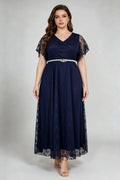 Navy Blue Lace Capelet Maxi Dress - Plus Size Formal Evening Gown