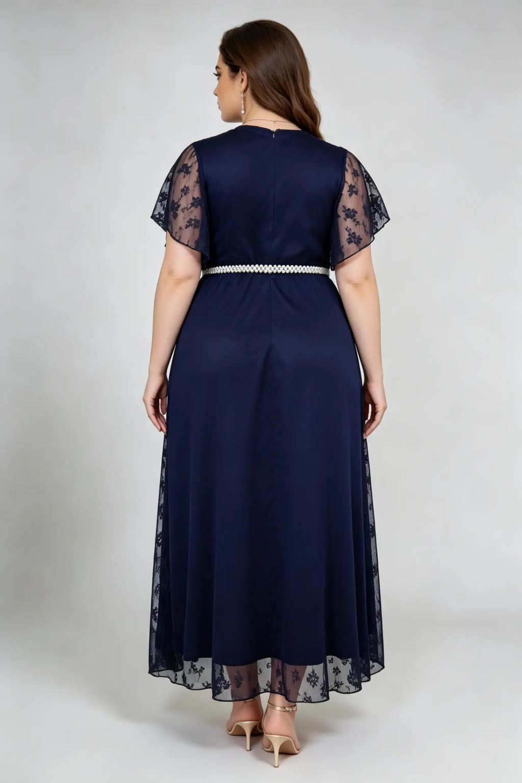 Navy Blue Lace Capelet Maxi Dress - Plus Size Formal Evening Gown