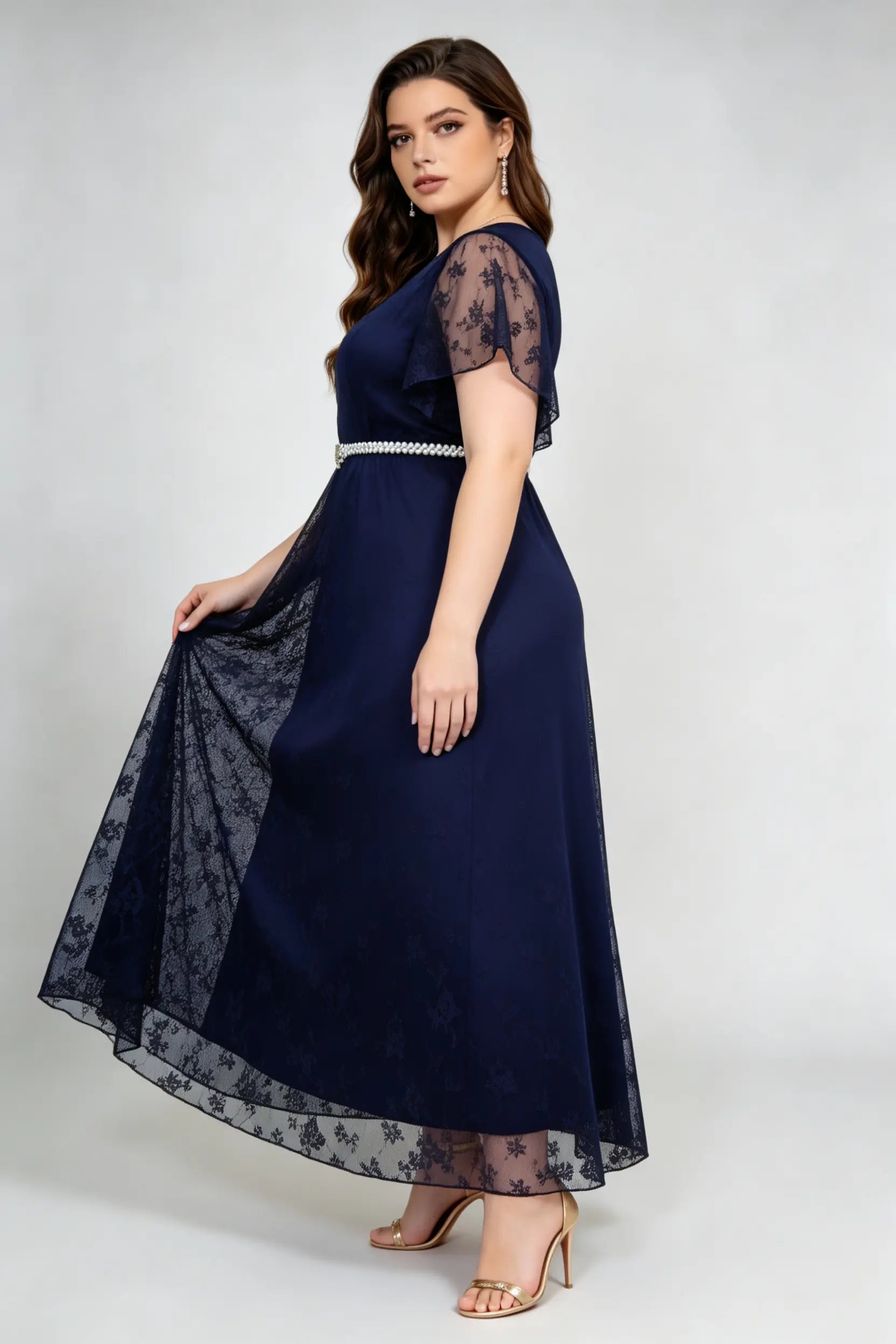 Navy Blue Lace Capelet Maxi Dress - Plus Size Formal Evening Gown