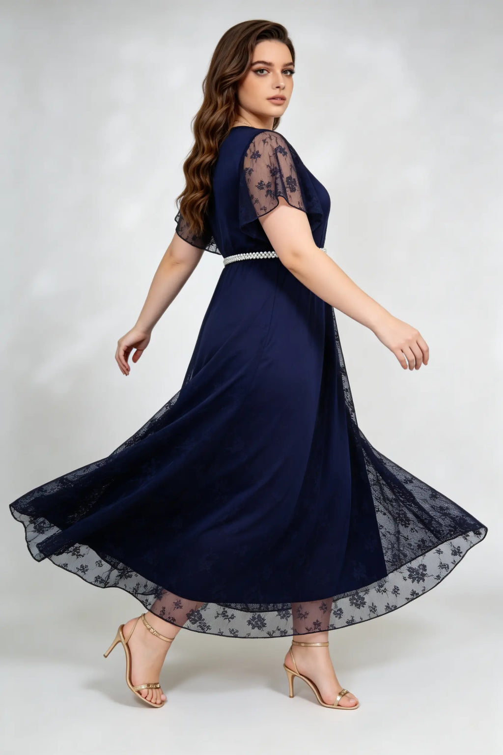 Navy Blue Lace Capelet Maxi Dress - Plus Size Formal Evening Gown