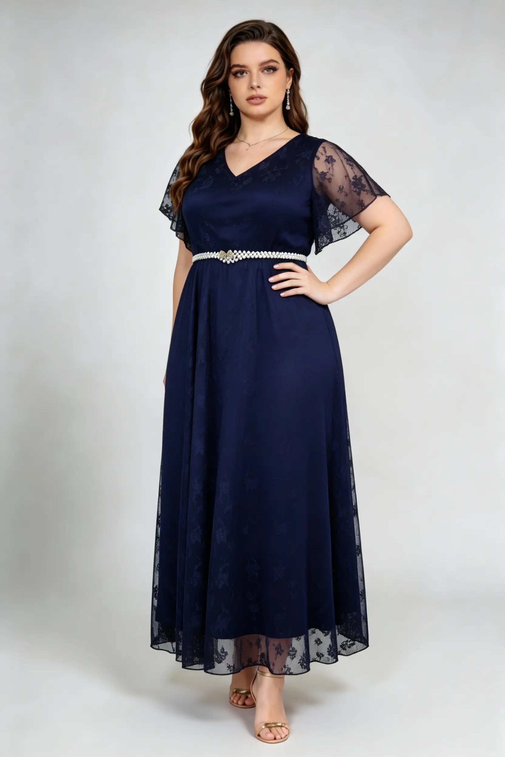 Navy Blue Lace Capelet Maxi Dress - Plus Size Formal Evening Gown