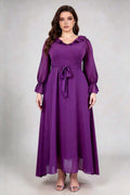 Purple Chiffon Ruffle Neck Maxi Dress - Plus Size Long Sleeve Tie-Waist Gown