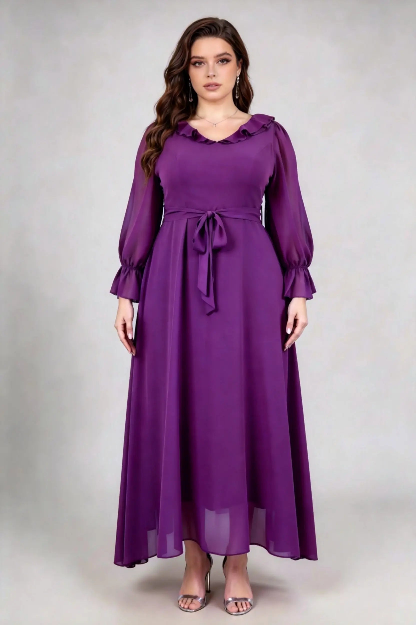 Purple Chiffon Ruffle Neck Maxi Dress - Plus Size Long Sleeve Tie-Waist Gown