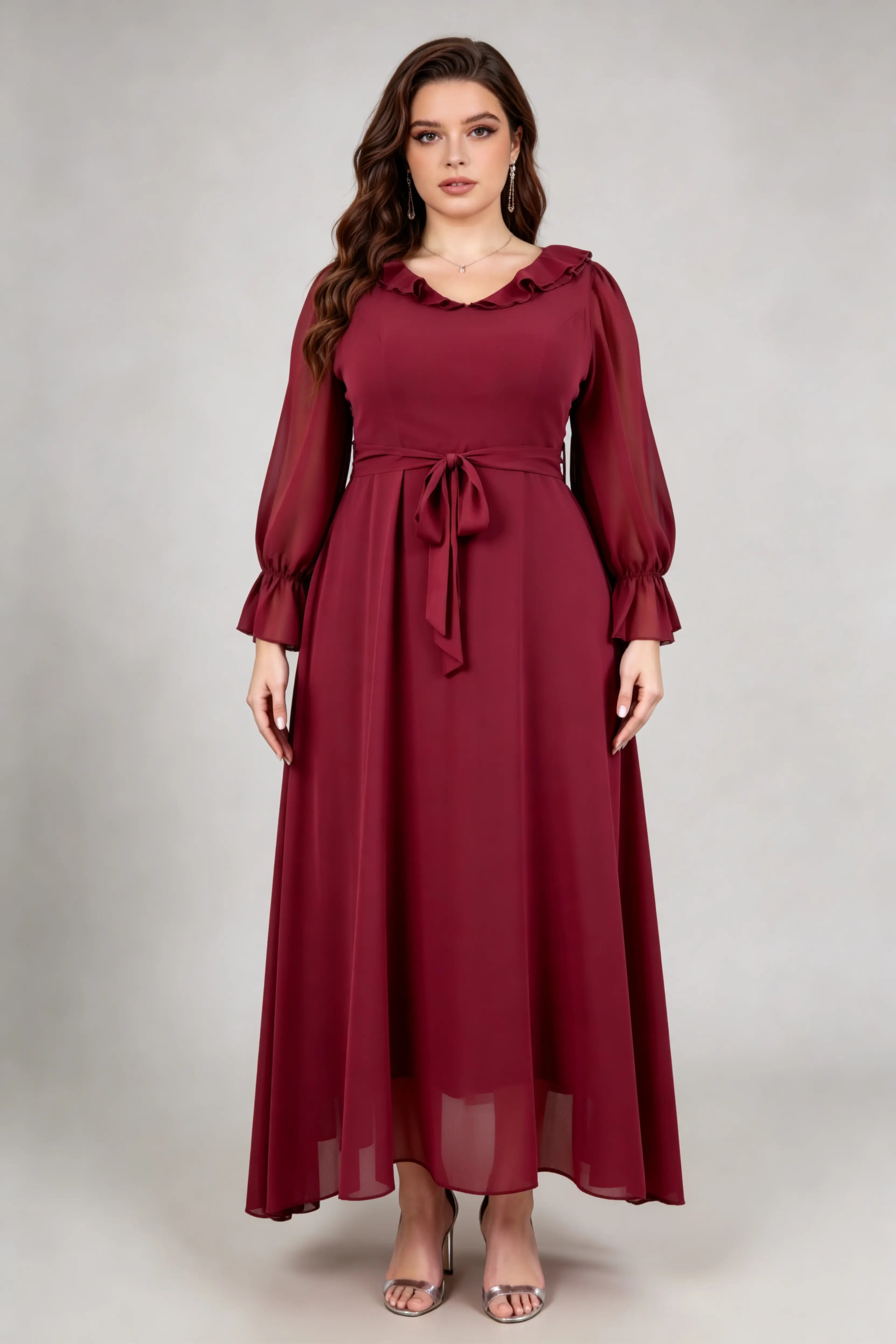 Burgundy Chiffon Ruffle Neck Maxi Dress - Plus Size Long Sleeve Tie-Waist Gown