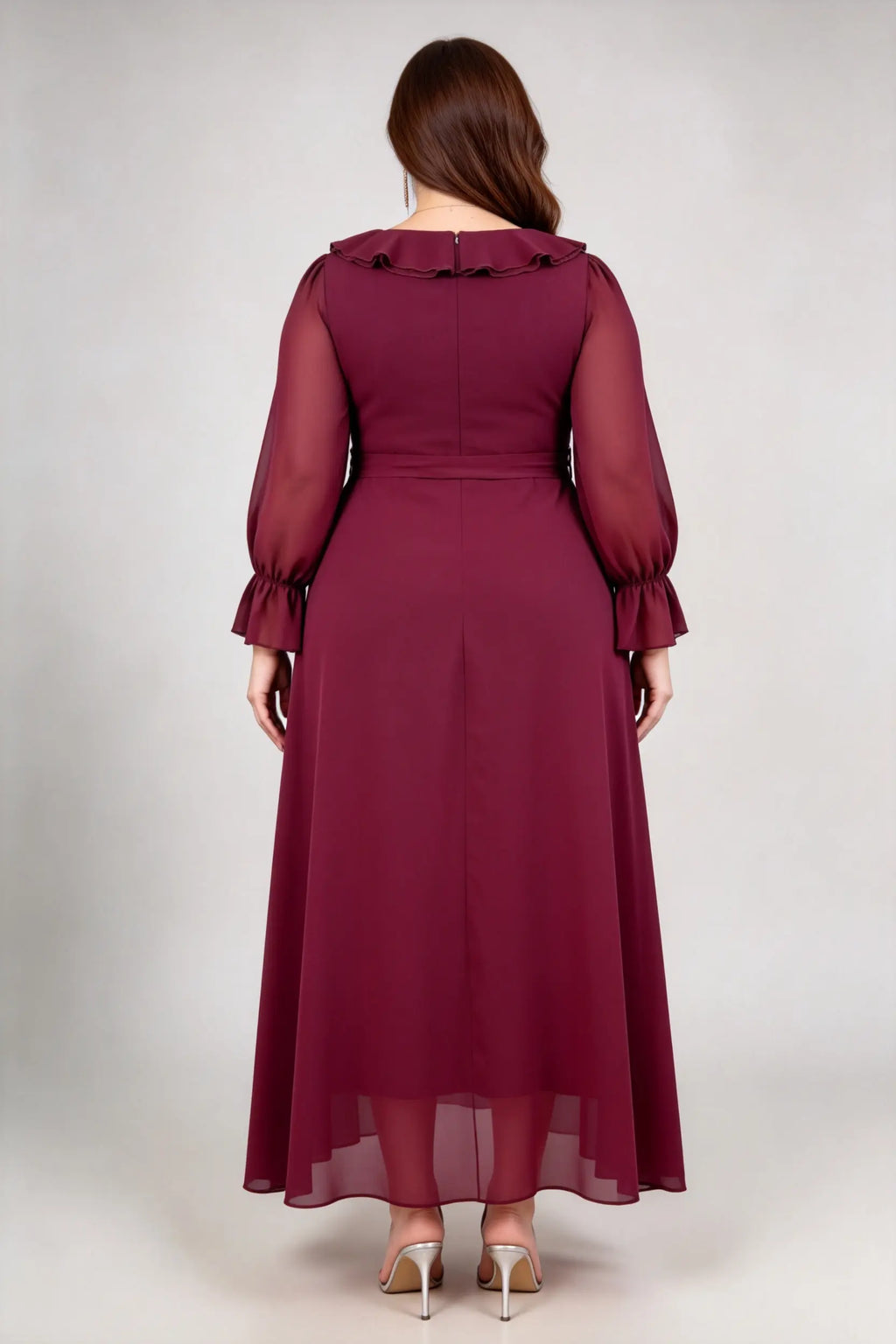 Burgundy Chiffon Ruffle Neck Maxi Dress - Plus Size Long Sleeve Tie-Waist Gown