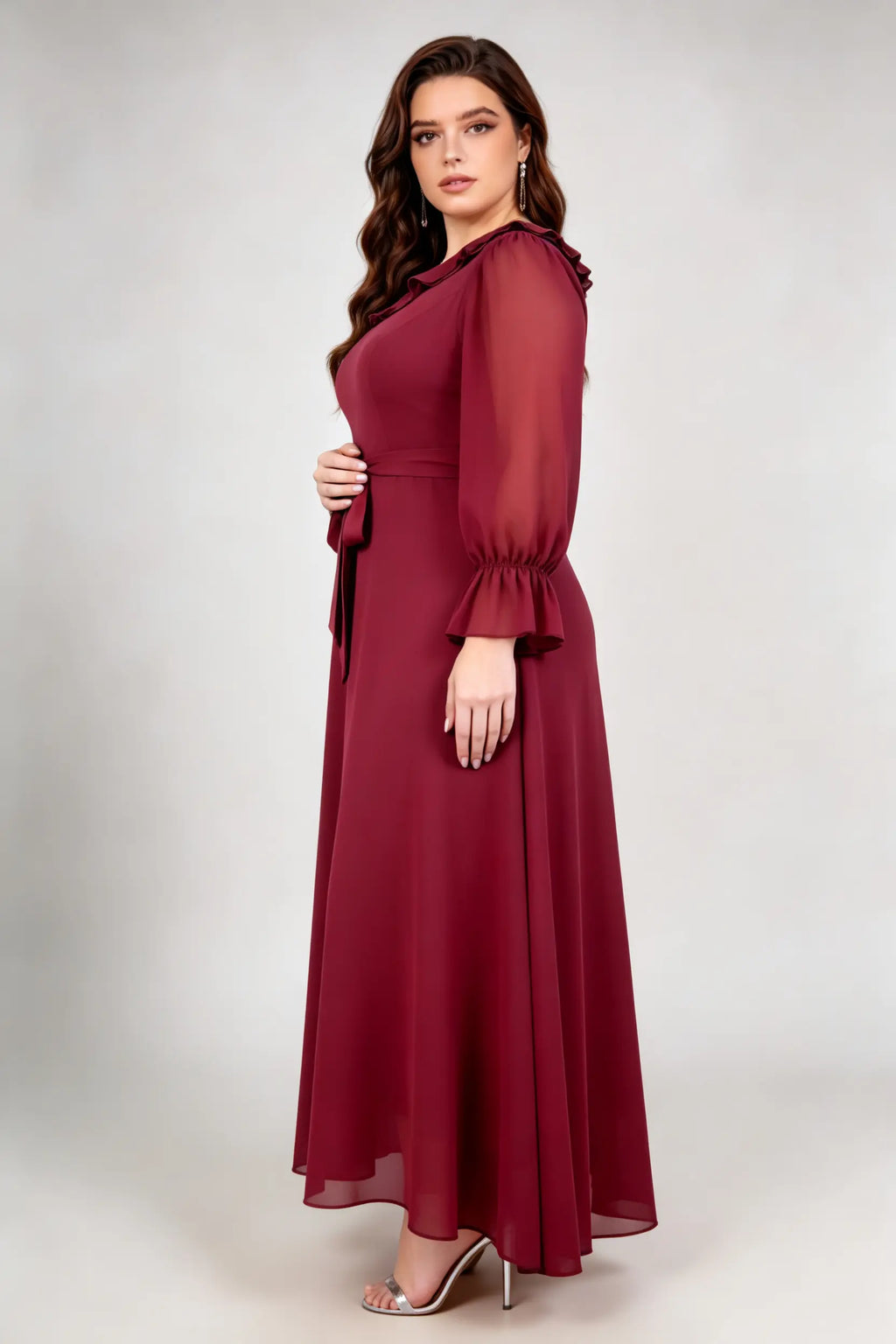 Burgundy Chiffon Ruffle Neck Maxi Dress - Plus Size Long Sleeve Tie-Waist Gown