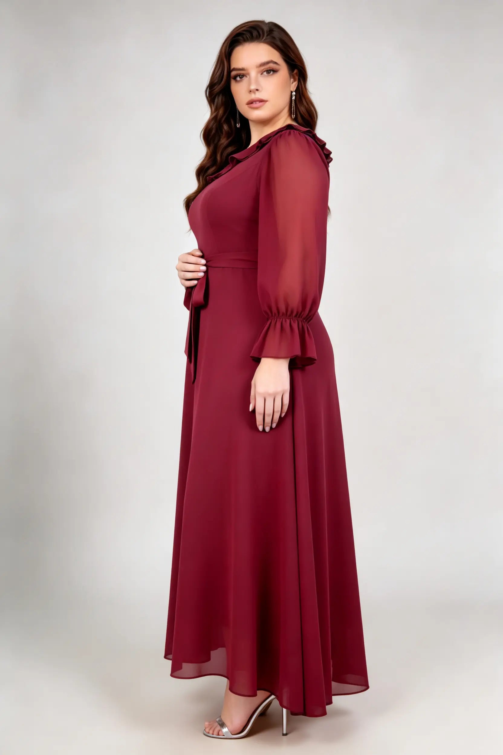 Burgundy Chiffon Ruffle Neck Maxi Dress - Plus Size Long Sleeve Tie-Waist Gown