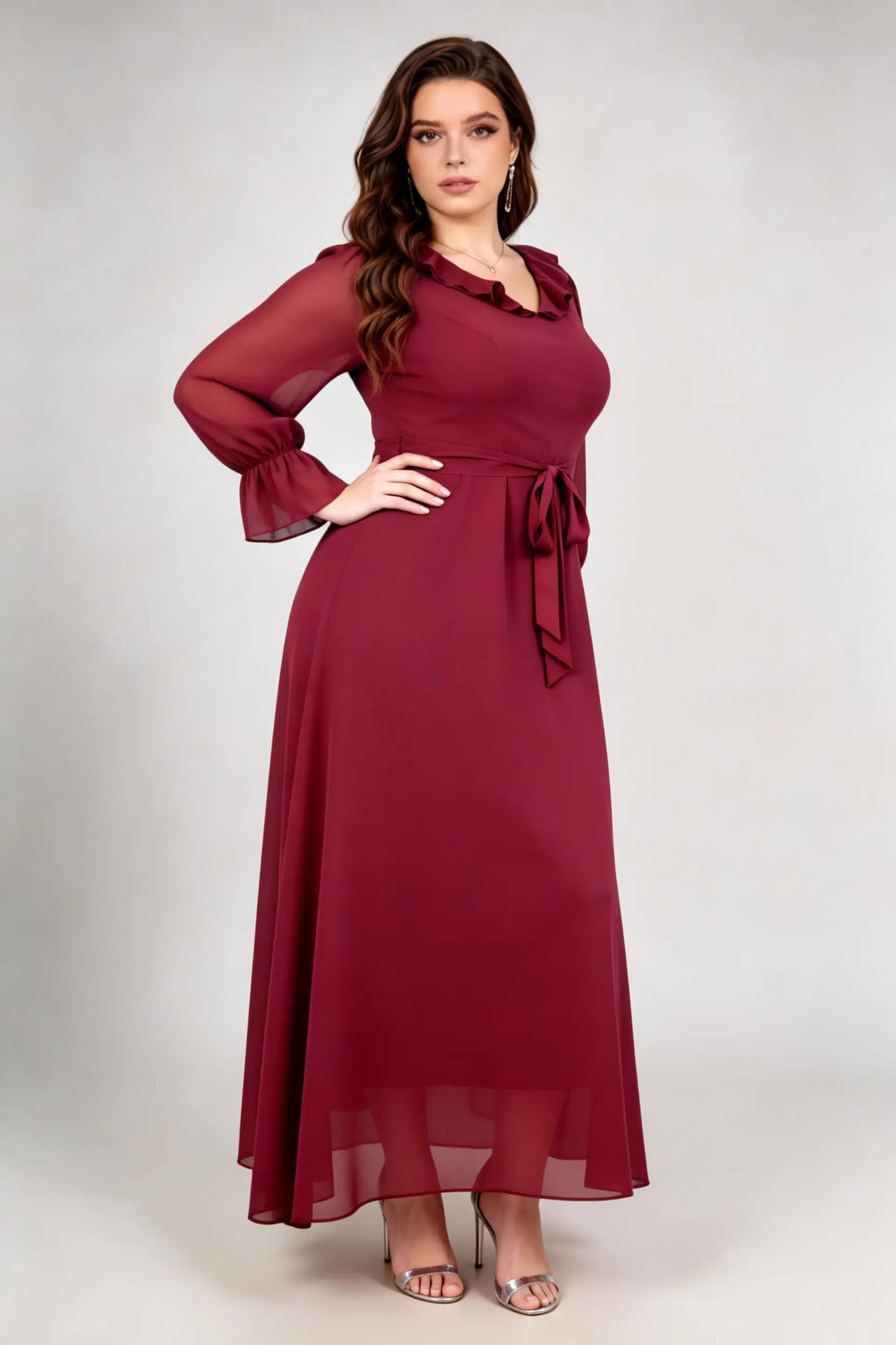 Burgundy Chiffon Ruffle Neck Maxi Dress - Plus Size Long Sleeve Tie-Waist Gown
