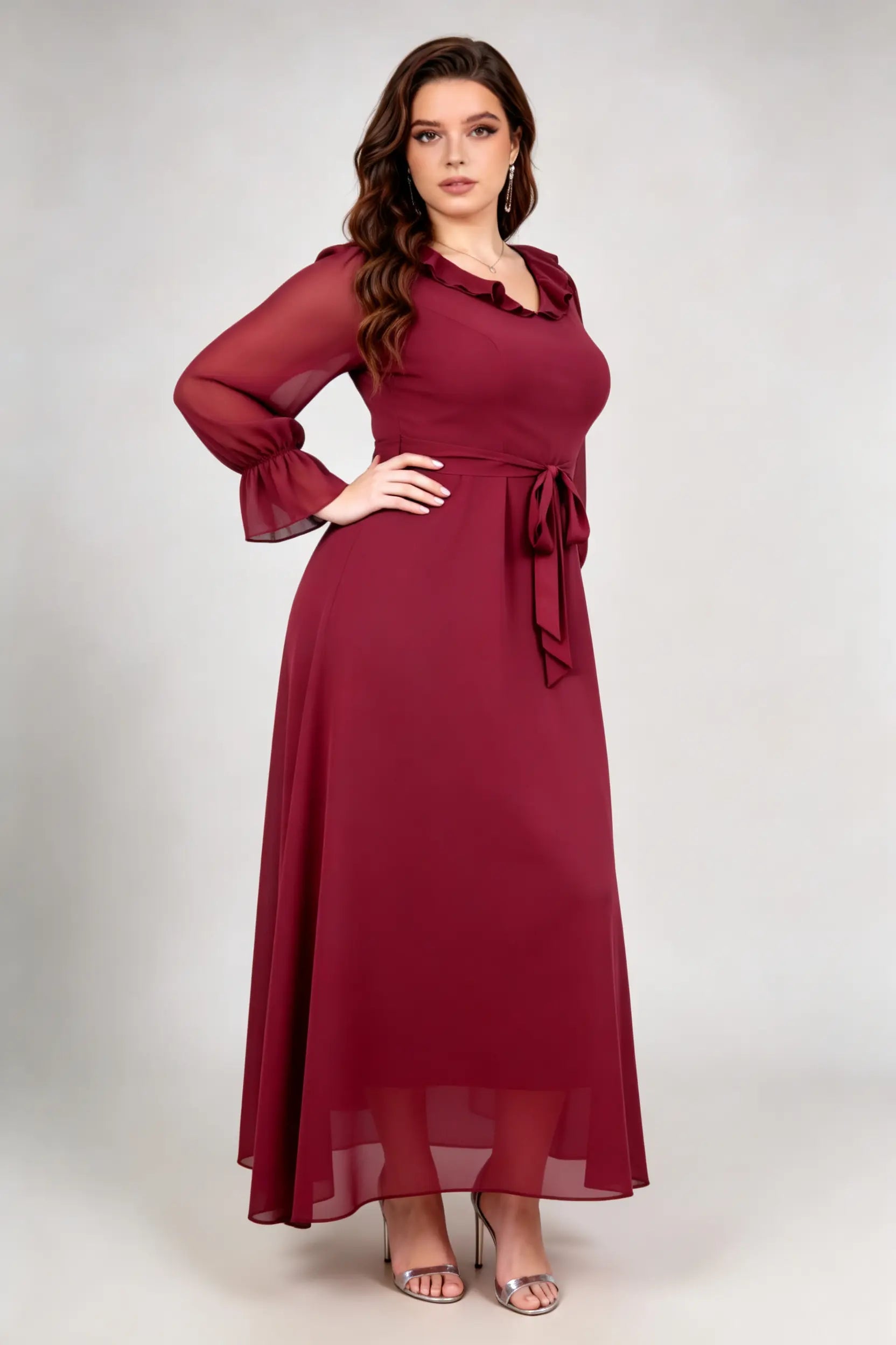 Burgundy Chiffon Ruffle Neck Maxi Dress - Plus Size Long Sleeve Tie-Waist Gown