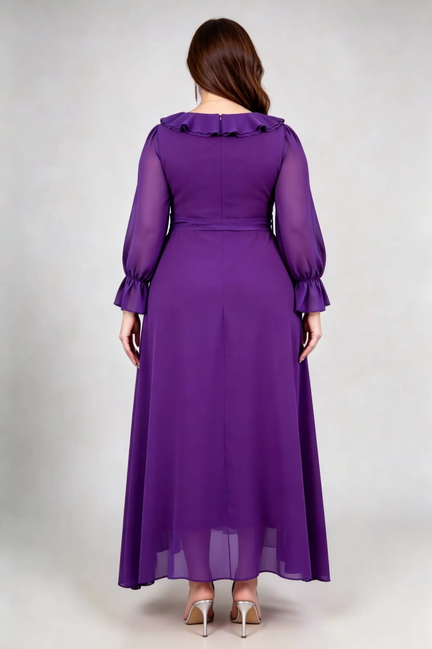 Purple Chiffon Ruffle Neck Maxi Dress - Plus Size Long Sleeve Tie-Waist Gown