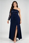 Plus Size Elegant Navy Blue One-Shoulder Evening Gown with Lace Sleeve and High Slit