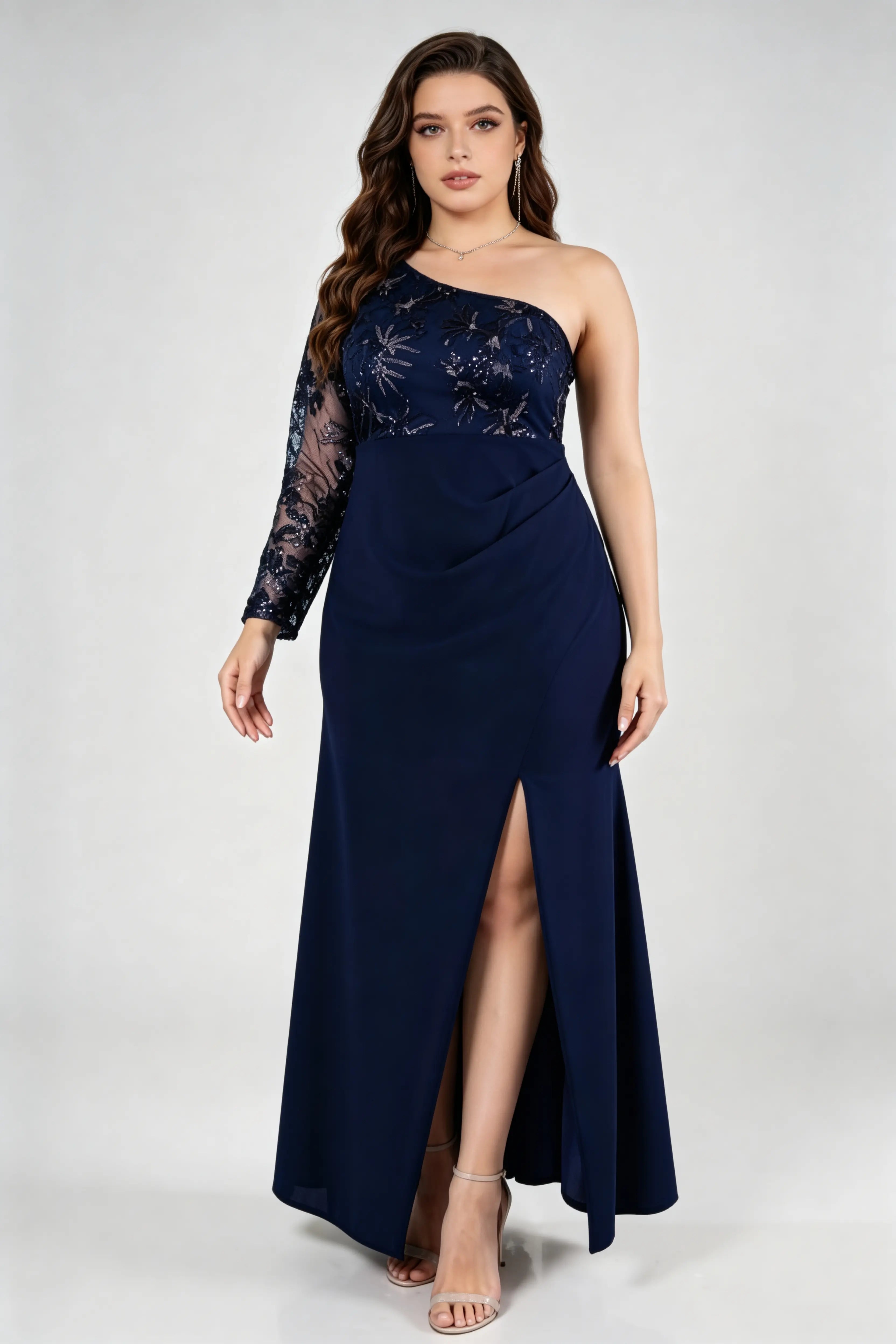 Plus Size Elegant Navy Blue One-Shoulder Evening Gown with Lace Sleeve and High Slit