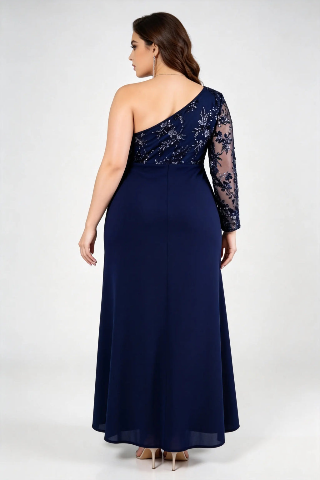 Plus Size Elegant Navy Blue One-Shoulder Evening Gown with Lace Sleeve and High Slit