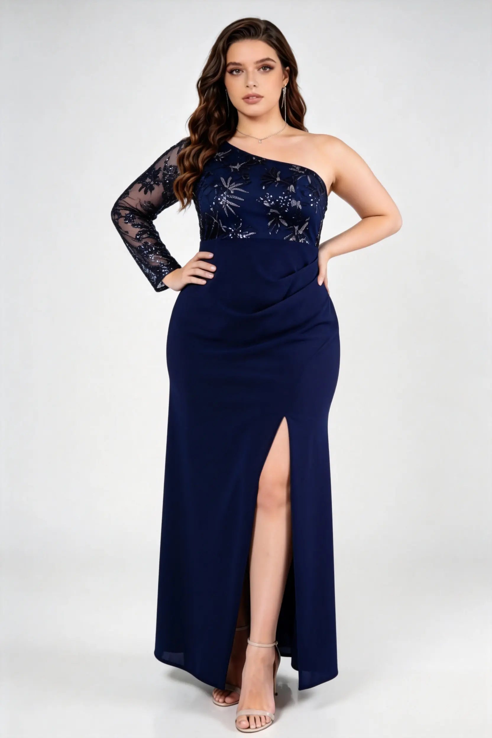 Plus Size Elegant Navy Blue One-Shoulder Evening Gown with Lace Sleeve and High Slit