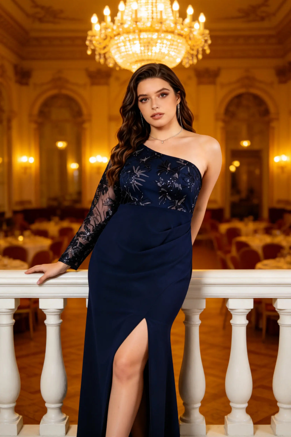 Plus Size Elegant Navy Blue One-Shoulder Evening Gown with Lace Sleeve and High Slit