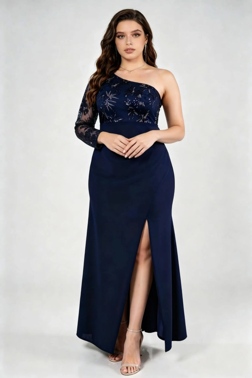 Plus Size Elegant Navy Blue One-Shoulder Evening Gown with Lace Sleeve and High Slit
