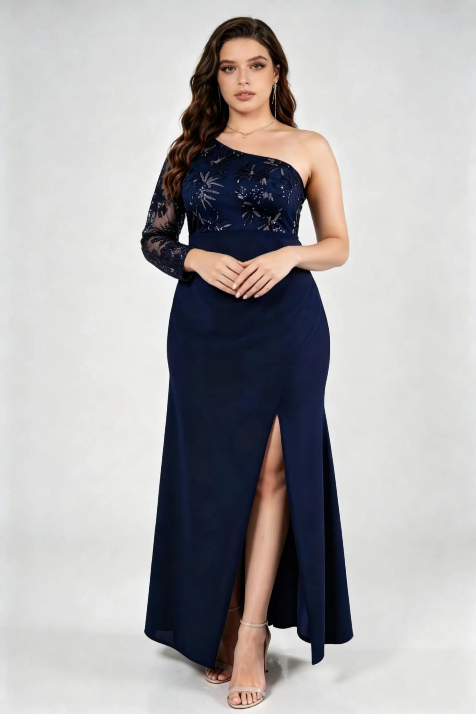 Plus Size Elegant Navy Blue One-Shoulder Evening Gown with Lace Sleeve and High Slit