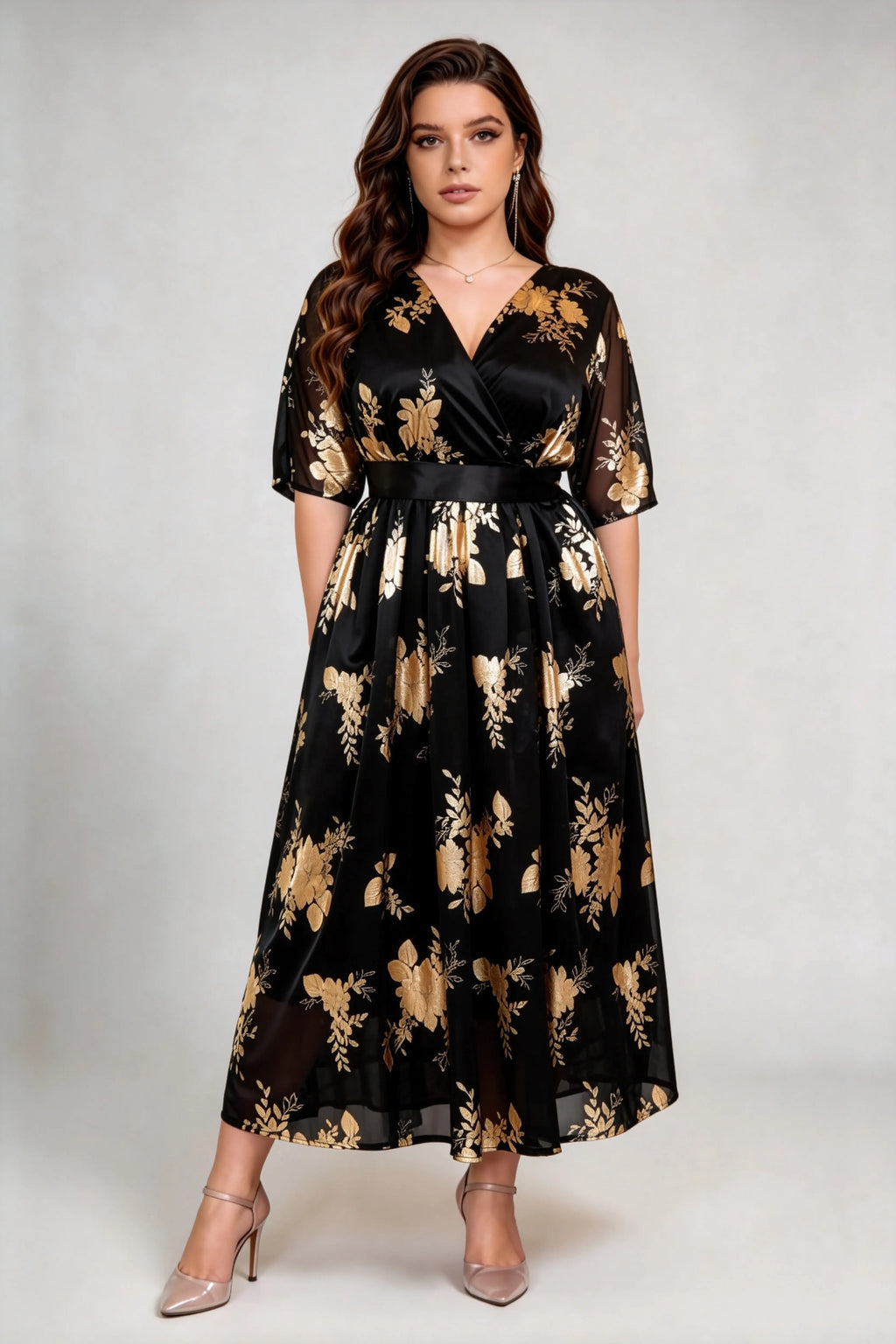 Plus Size Black & Gold Floral Print Wrap V-Neck Midi Dress