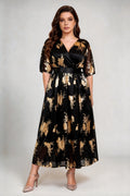 Plus Size Black & Gold Floral Print Wrap V-Neck Midi Dress