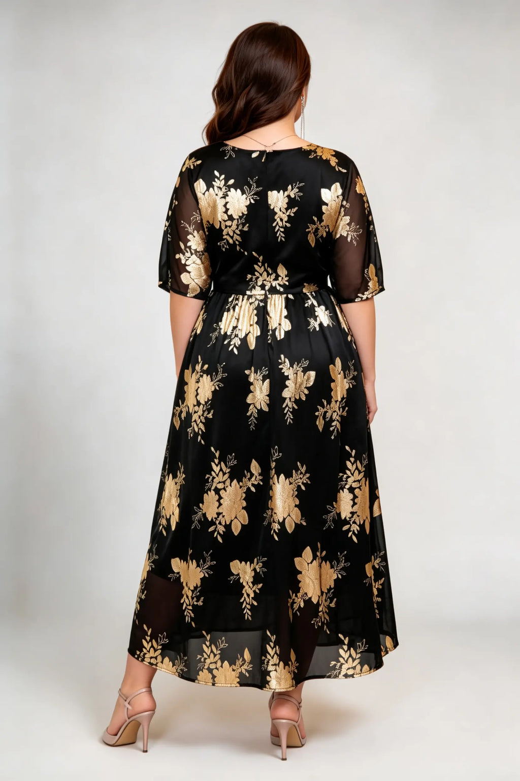 Plus Size Black & Gold Floral Print Wrap V-Neck Midi Dress