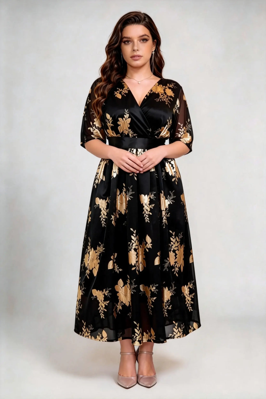 Plus Size Black & Gold Floral Print Wrap V-Neck Midi Dress