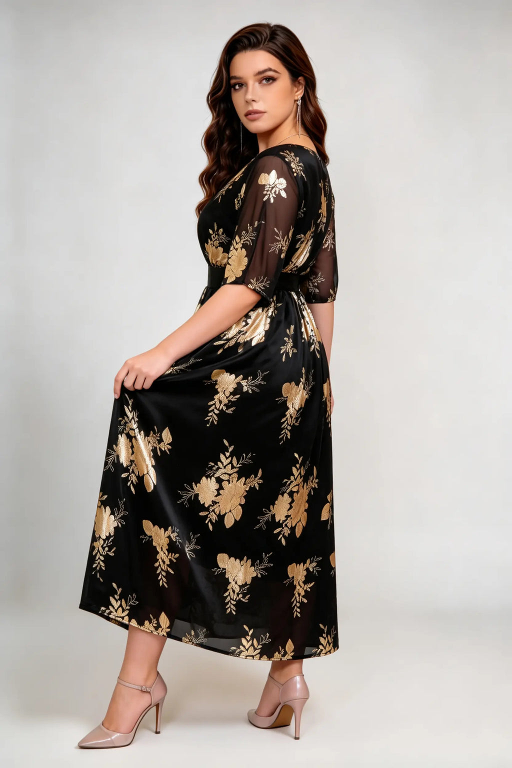 Plus Size Black & Gold Floral Print Wrap V-Neck Midi Dress
