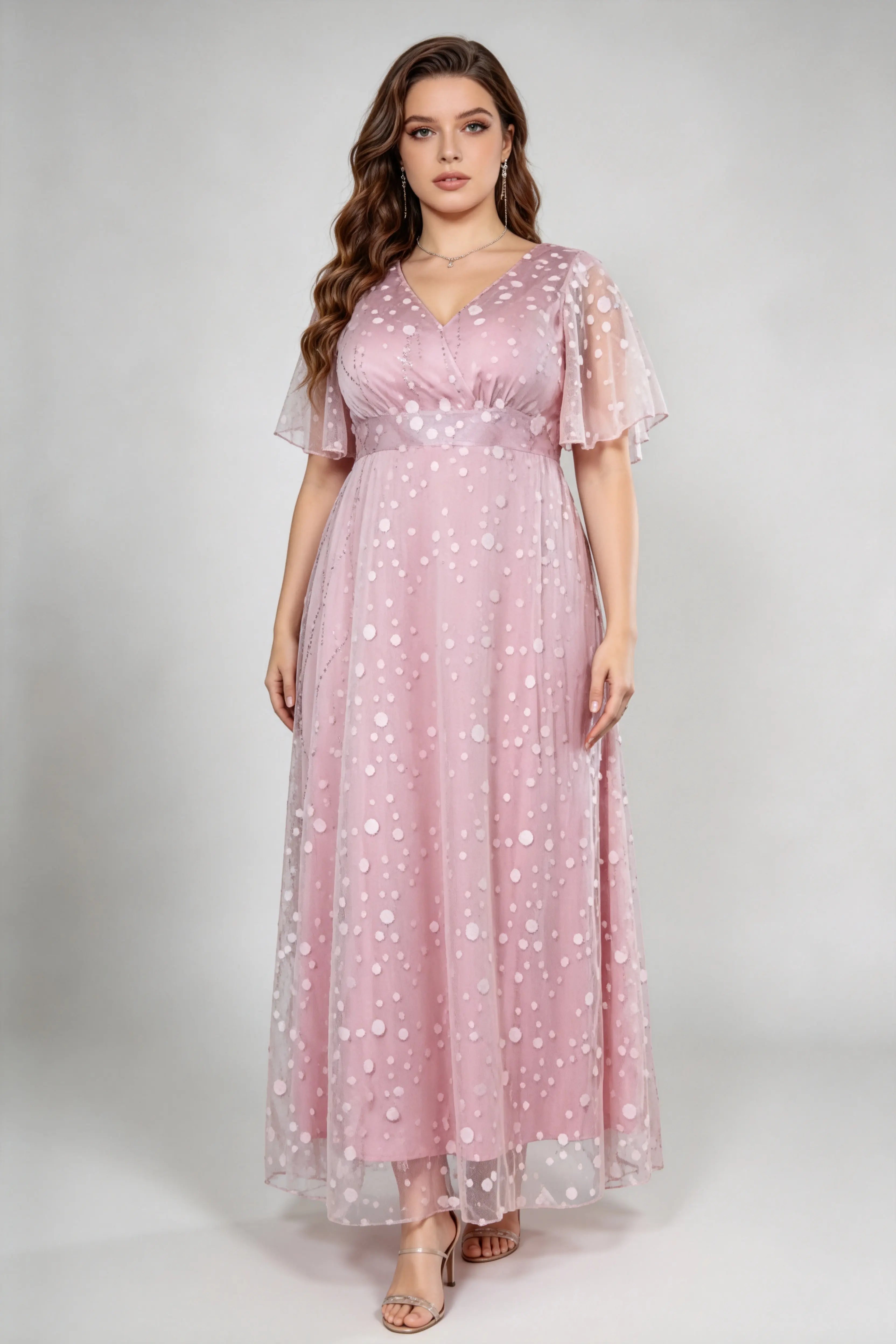 Plus Size Blush Pink Polka Dot V-Neck Flutter Sleeve Maxi Dress