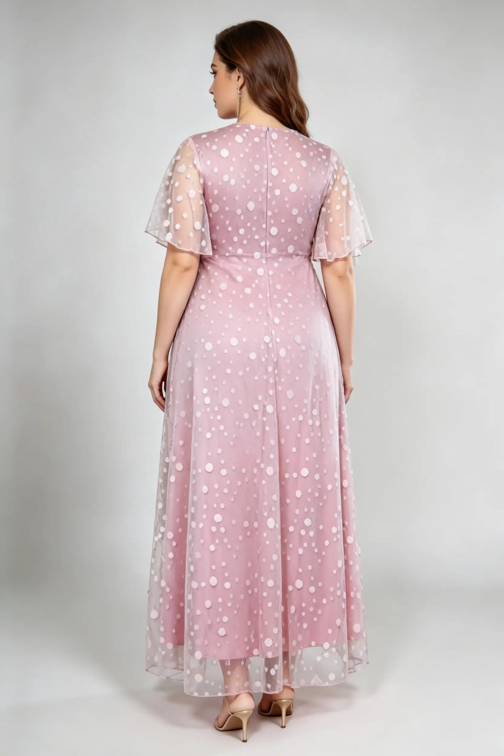Plus Size Blush Pink Polka Dot V-Neck Flutter Sleeve Maxi Dress