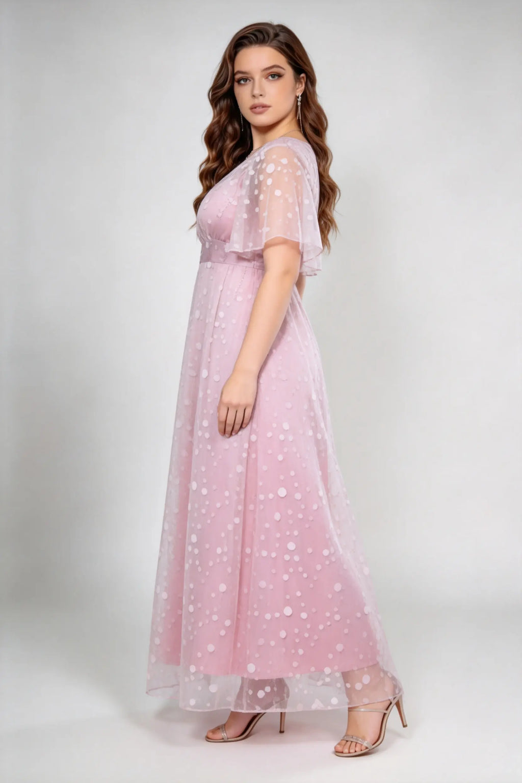 Plus Size Blush Pink Polka Dot V-Neck Flutter Sleeve Maxi Dress