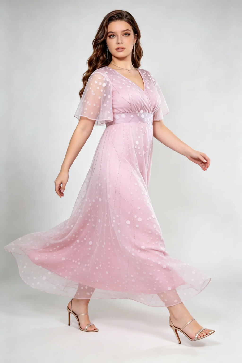 Plus Size Blush Pink Polka Dot V-Neck Flutter Sleeve Maxi Dress