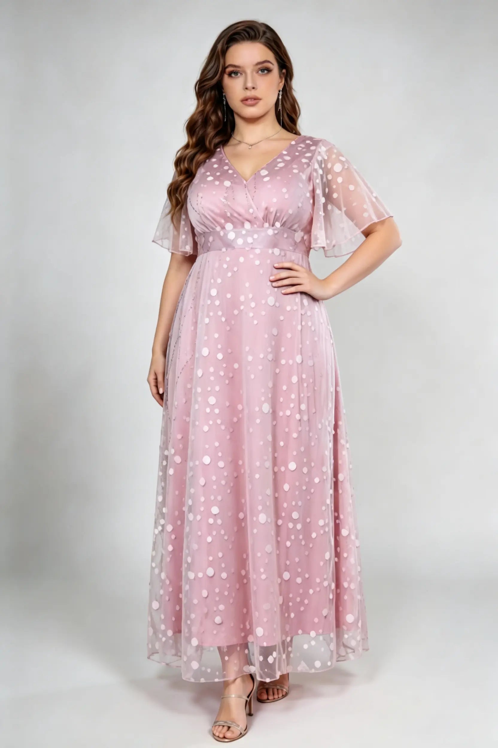 Plus Size Blush Pink Polka Dot V-Neck Flutter Sleeve Maxi Dress