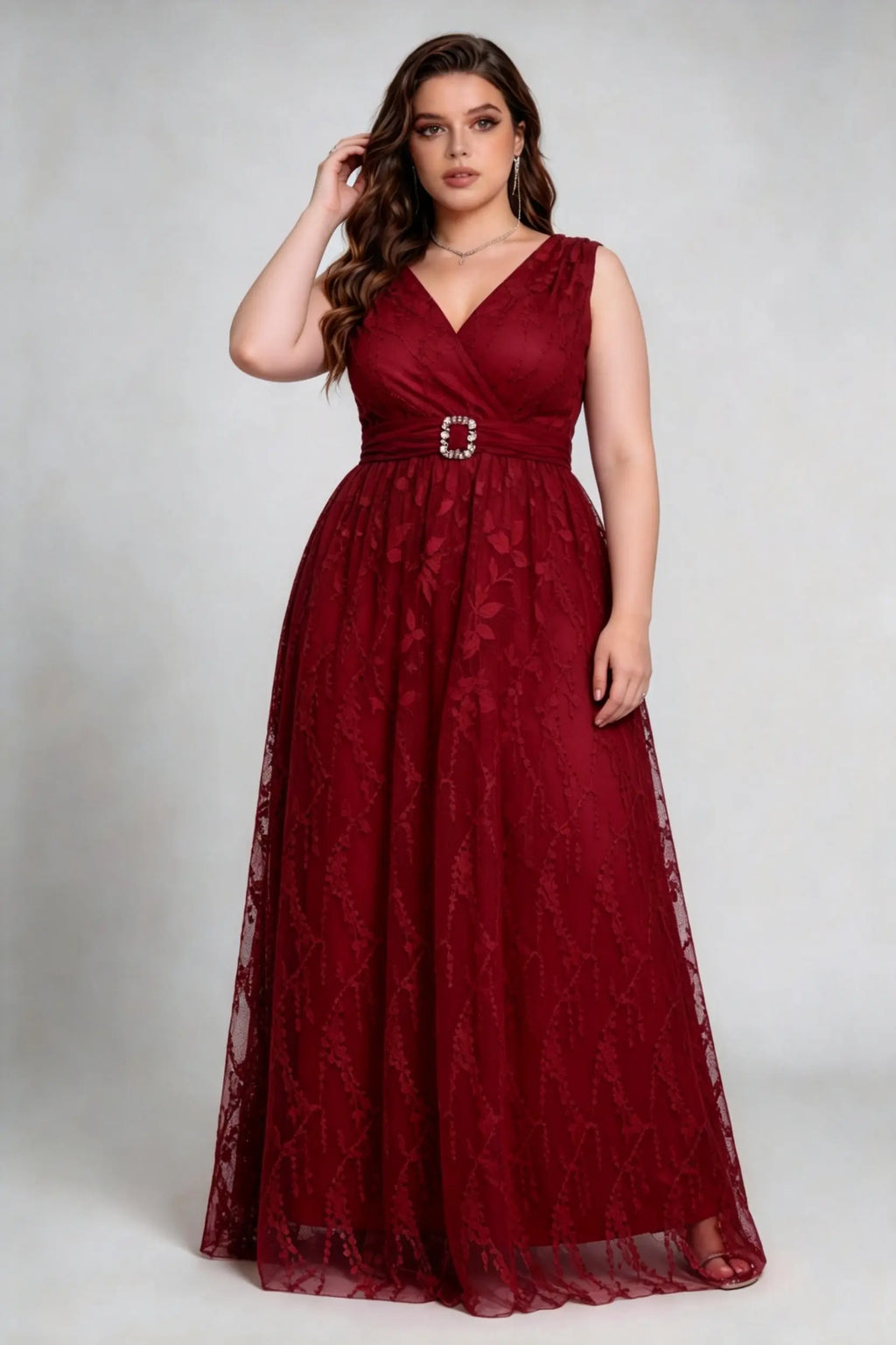 Plus Size Burgundy Lace Evening Gown - Sleeveless V-Neck Formal Maxi Dress