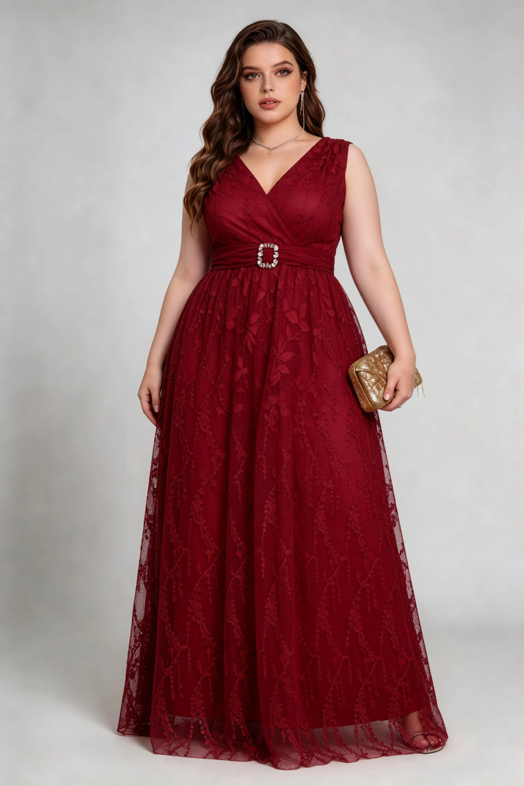 Plus Size Burgundy Lace Evening Gown - Sleeveless V-Neck Formal Maxi Dress