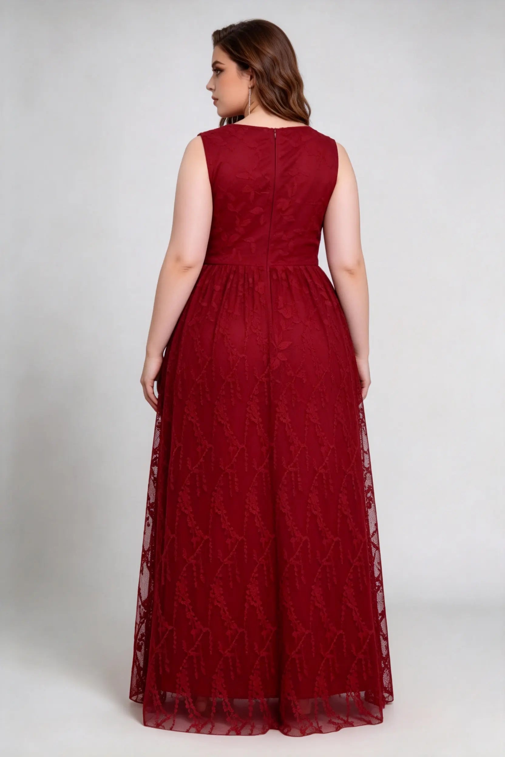 Plus Size Burgundy Lace Evening Gown - Sleeveless V-Neck Formal Maxi Dress