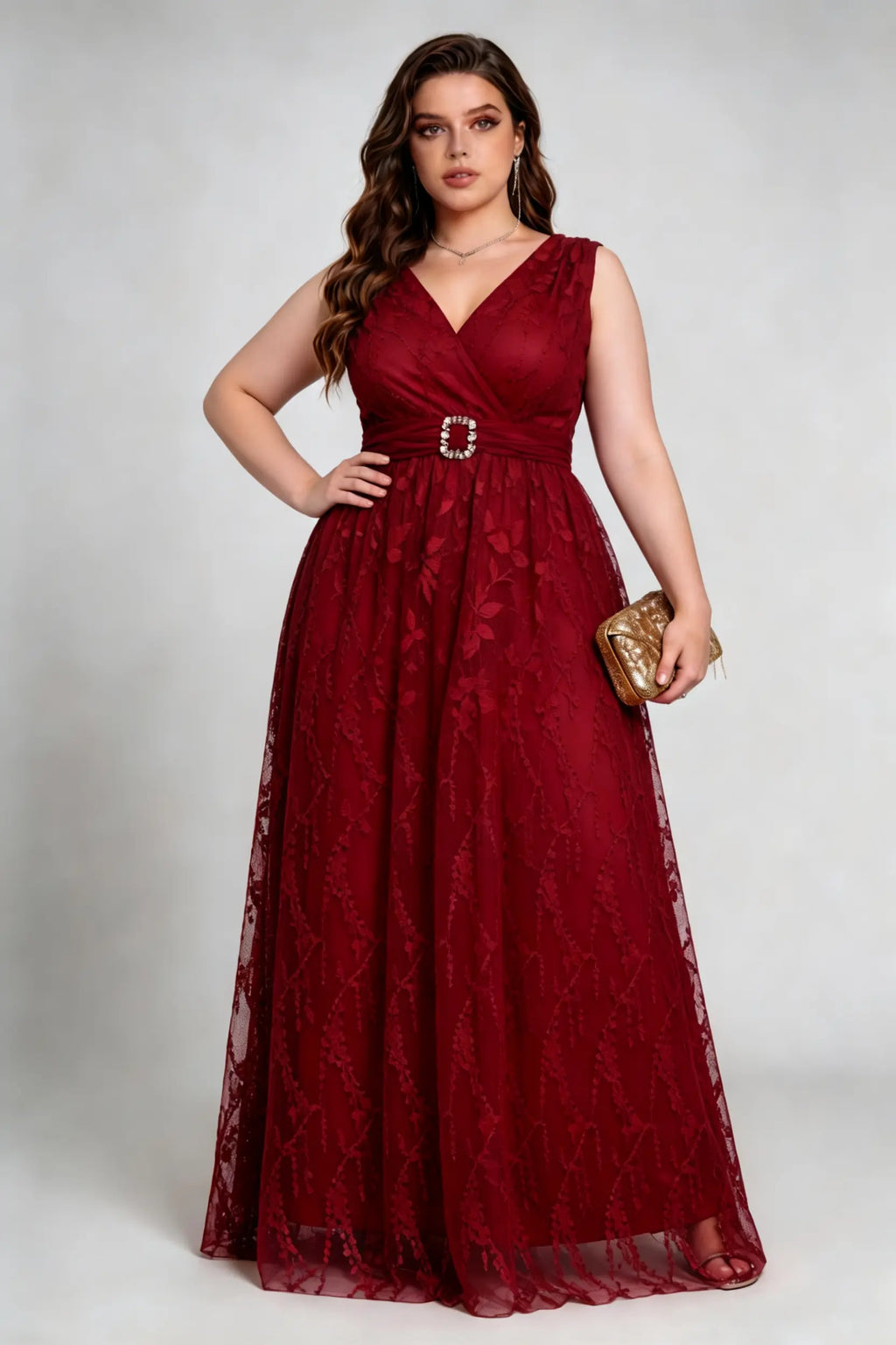 Plus Size Burgundy Lace Evening Gown - Sleeveless V-Neck Formal Maxi Dress