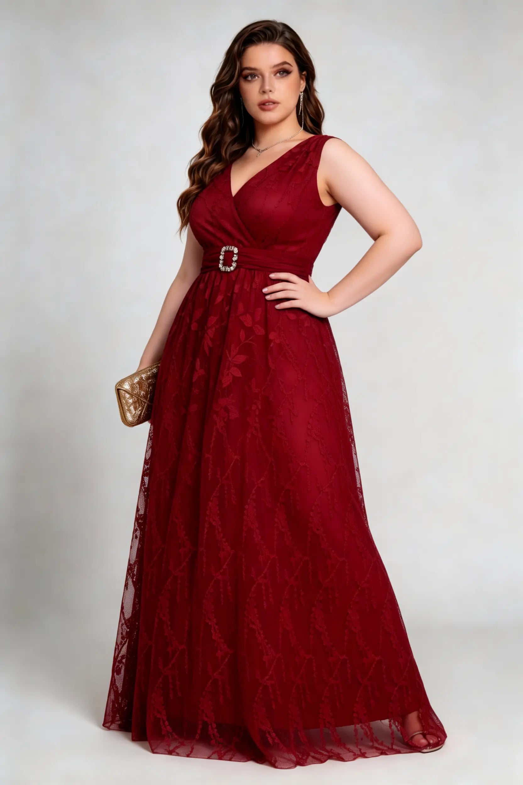 Plus Size Burgundy Lace Evening Gown - Sleeveless V-Neck Formal Maxi Dress