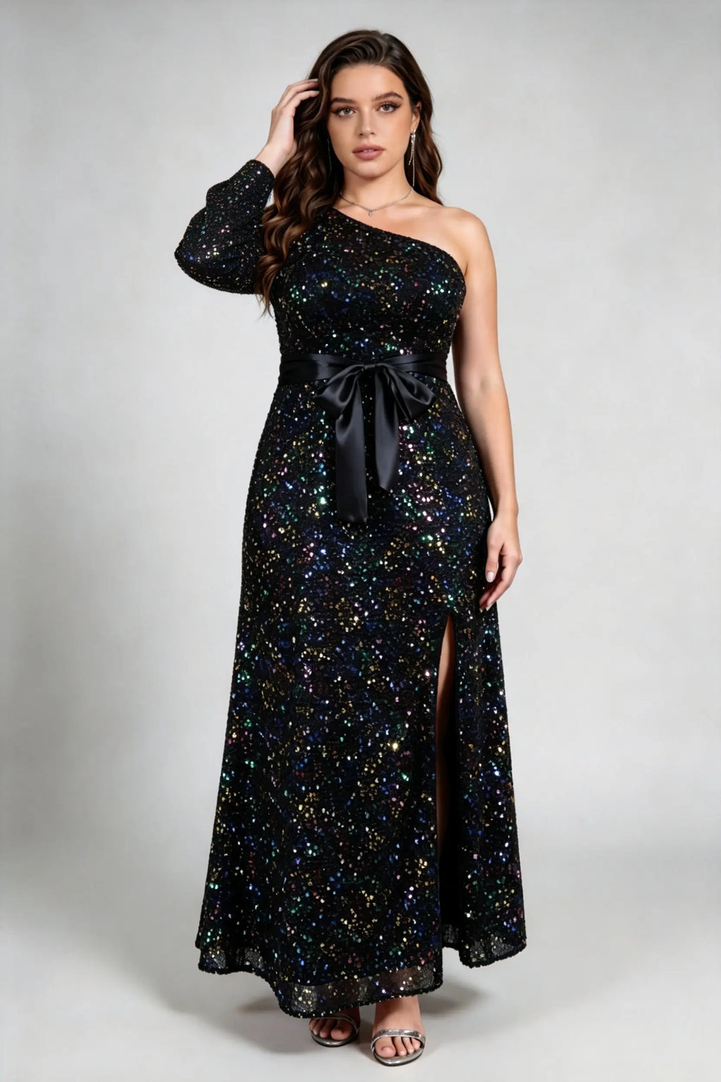 Iridescent Sequin Plus Size Evening Gown - One-Shoulder Long Sleeve Maxi Dress with Slit