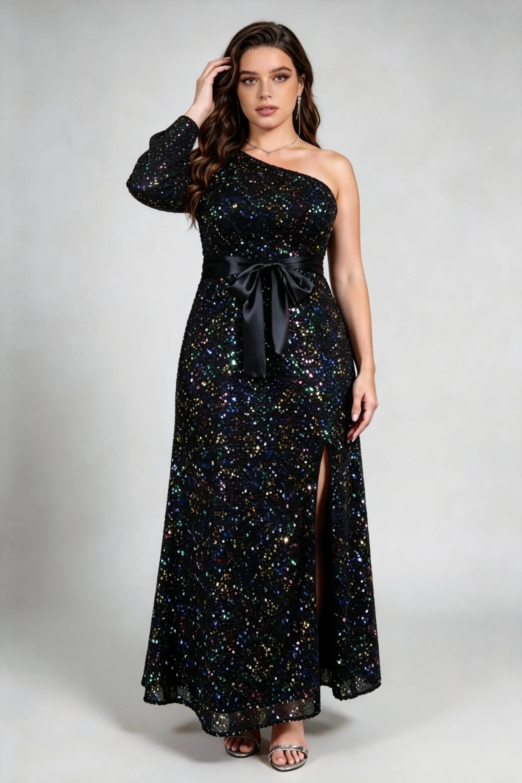 Iridescent Sequin Plus Size Evening Gown - One-Shoulder Long Sleeve Maxi Dress with Slit