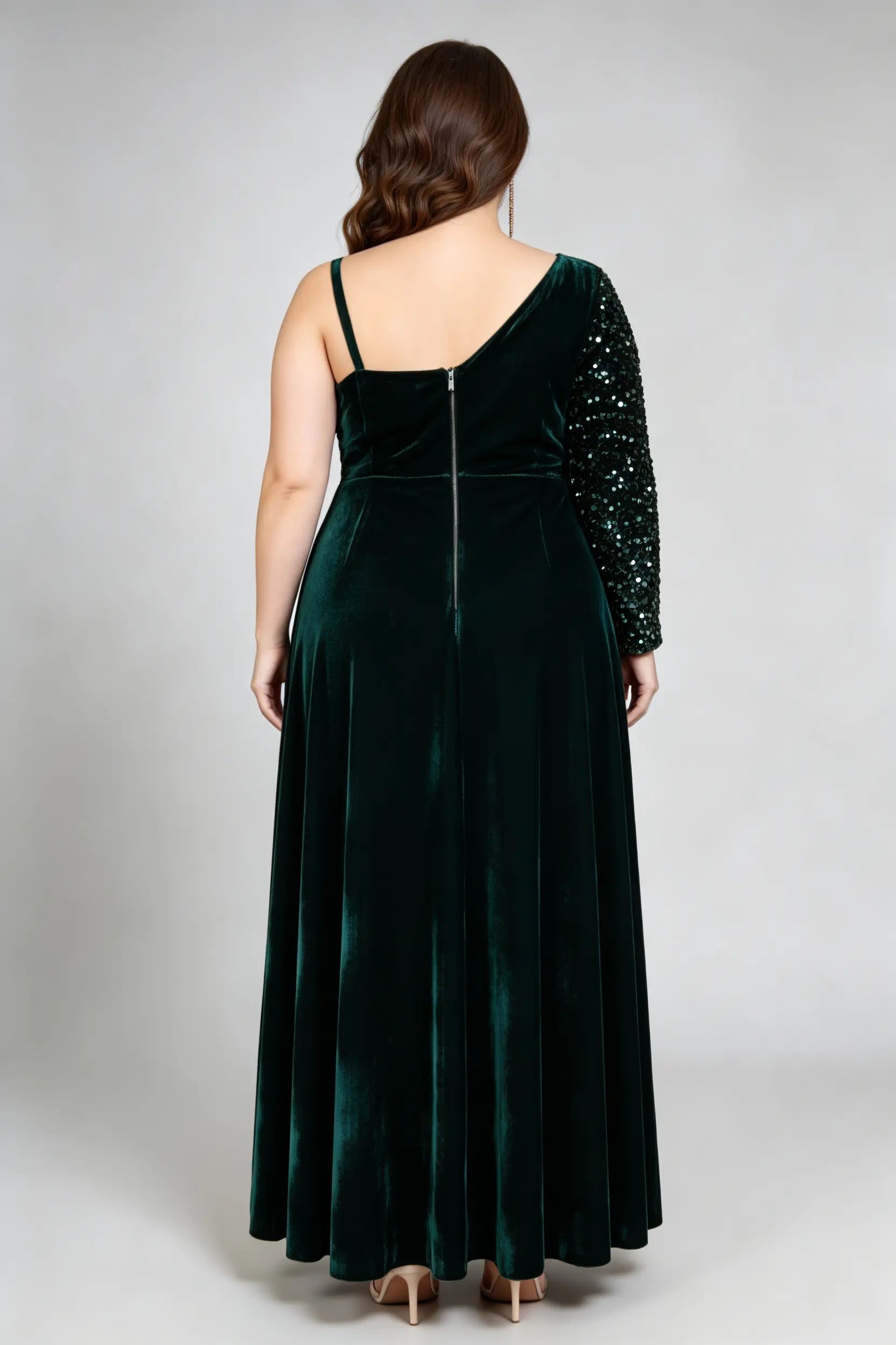 Emerald Velvet Plus Size Evening Gown - Asymmetric Sequin One-Shoulder Maxi Dress