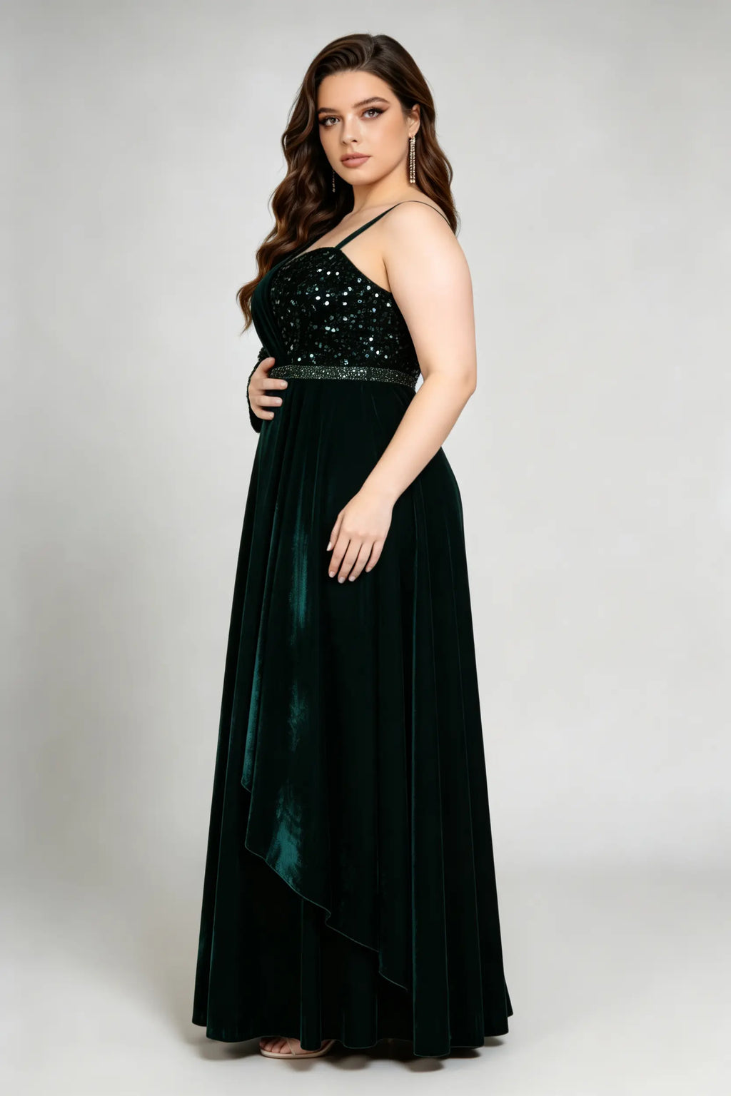 Emerald Velvet Plus Size Evening Gown - Asymmetric Sequin One-Shoulder Maxi Dress