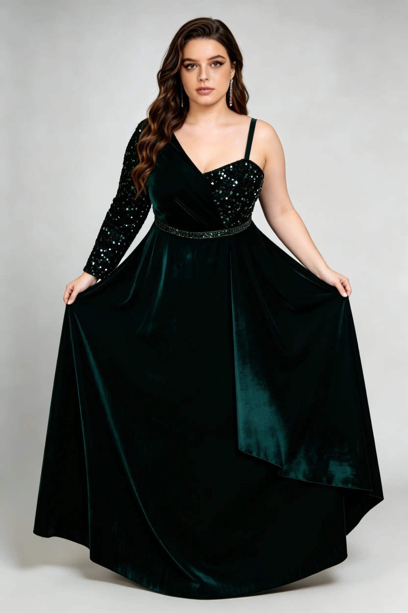 Emerald Velvet Plus Size Evening Gown - Asymmetric Sequin One-Shoulder Maxi Dress