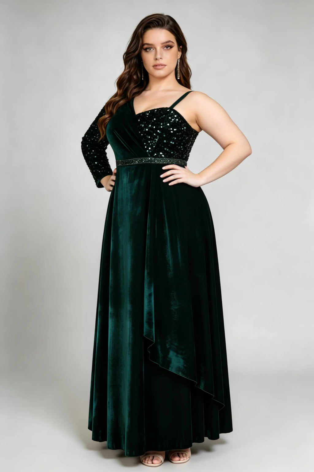 Emerald Velvet Plus Size Evening Gown - Asymmetric Sequin One-Shoulder Maxi Dress