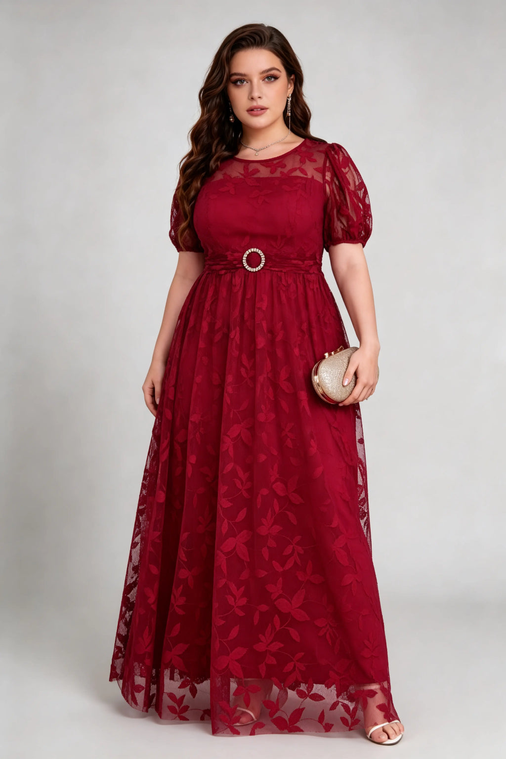 Burgundy Lace Plus Size Maxi Dress - Puff Sleeve A-Line Formal Gown