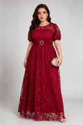 Burgundy Lace Plus Size Maxi Dress - Puff Sleeve A-Line Formal Gown