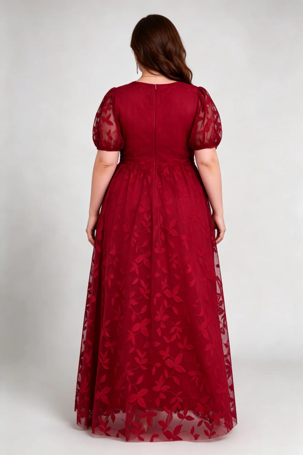 Burgundy Lace Plus Size Maxi Dress - Puff Sleeve A-Line Formal Gown