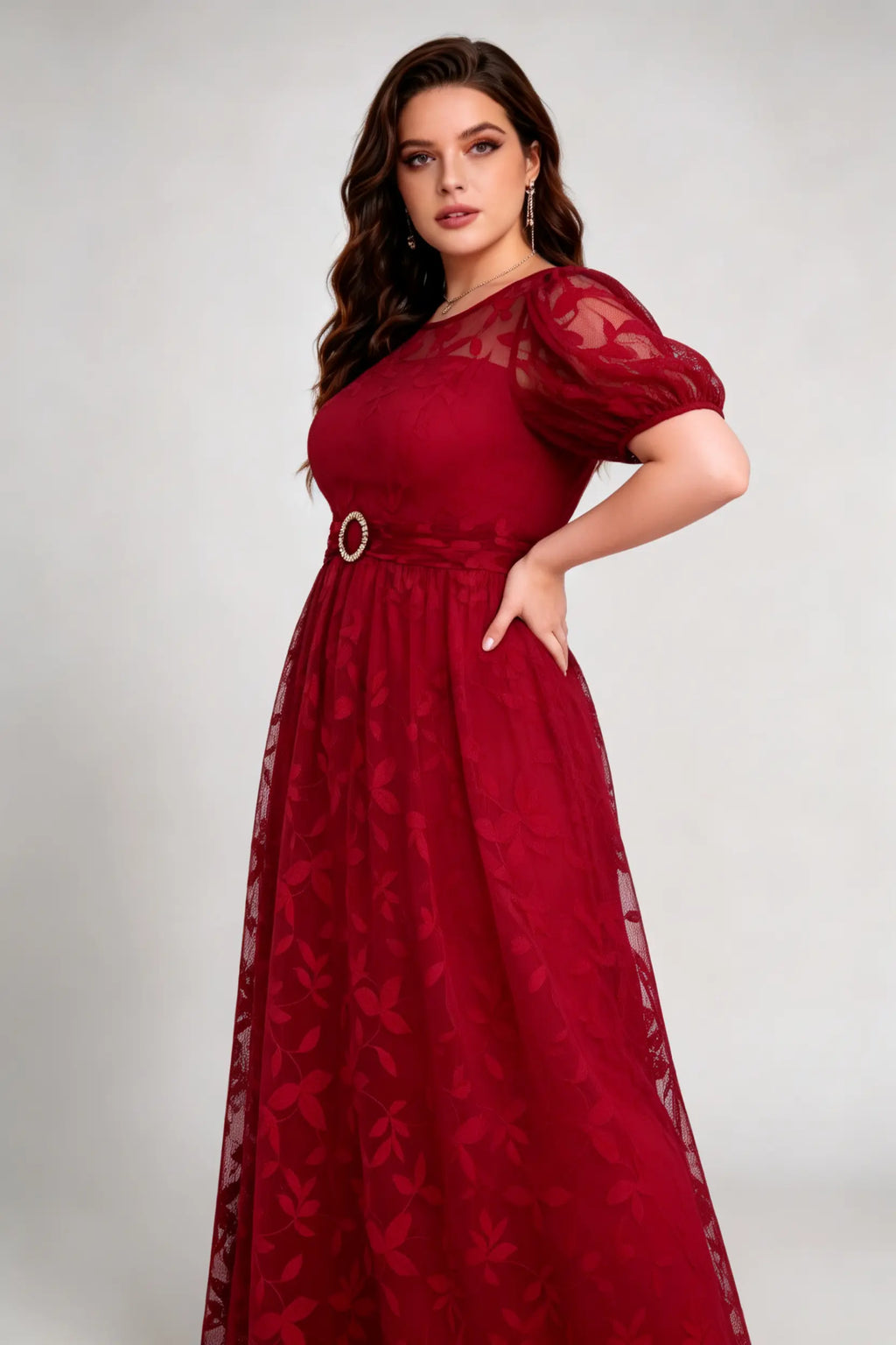 Burgundy Lace Plus Size Maxi Dress - Puff Sleeve A-Line Formal Gown