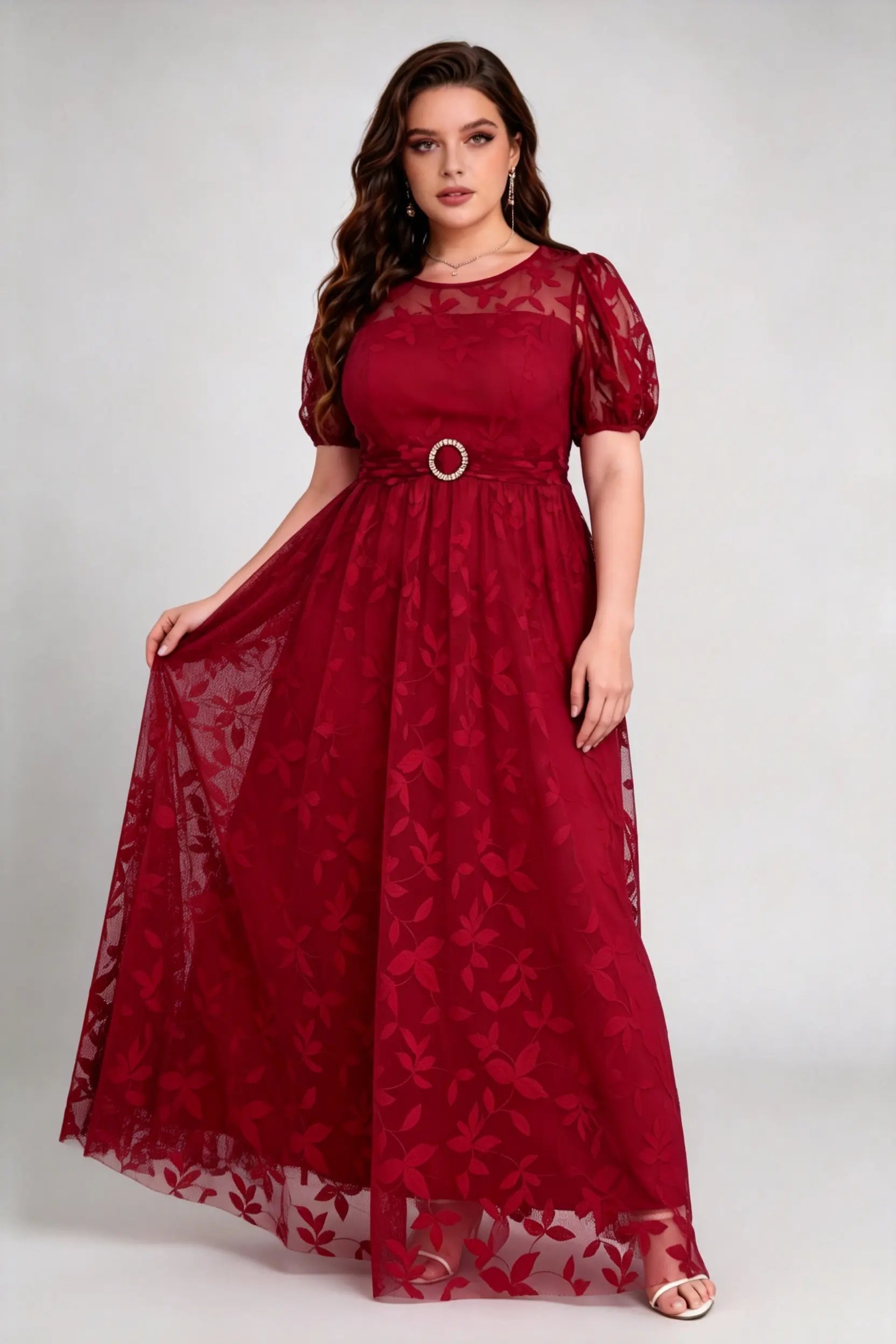 Burgundy Lace Plus Size Maxi Dress - Puff Sleeve A-Line Formal Gown phoehua Burgundy Lace Plus Size Maxi Dress - Puff Sleeve A-Line Formal Gown phoehua