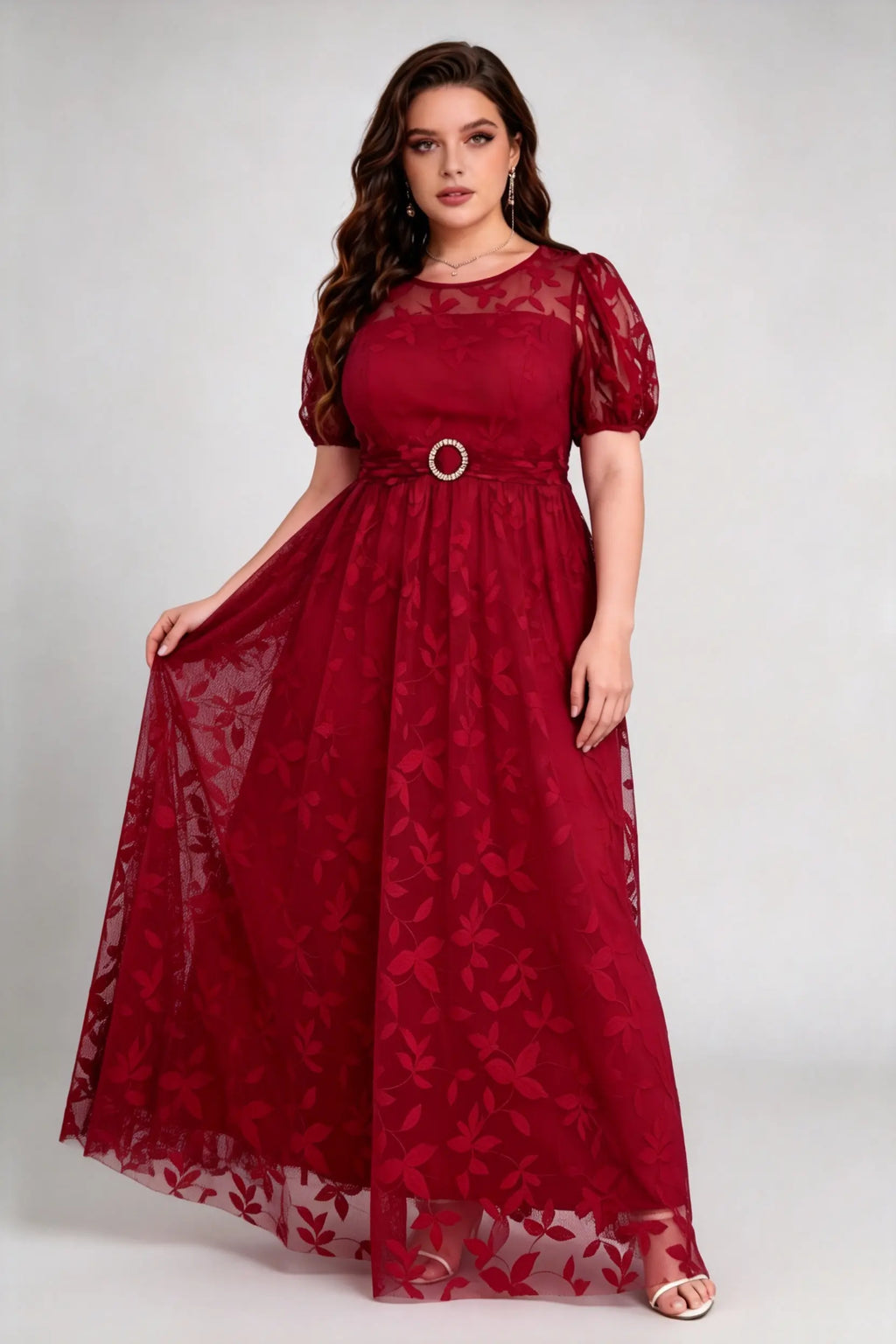 Burgundy Lace Plus Size Maxi Dress - Puff Sleeve A-Line Formal Gown